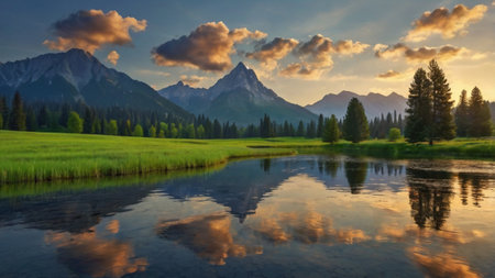 Panoramic view of lake and mountains at sunset, Bavaria, Germanyの写真素材