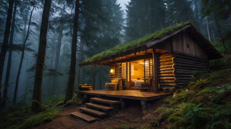 Wooden house in the forest at night with fog in the backgroundの写真素材