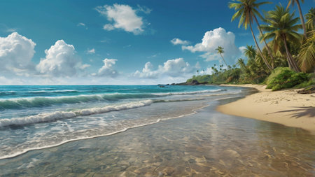 tropical beach with palm trees and blue sky, panoramic viewの写真素材