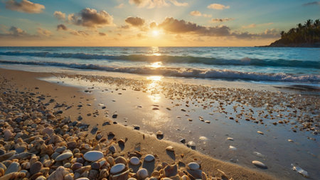 Beautiful sunset on the tropical beach. Seascape with sea shells.