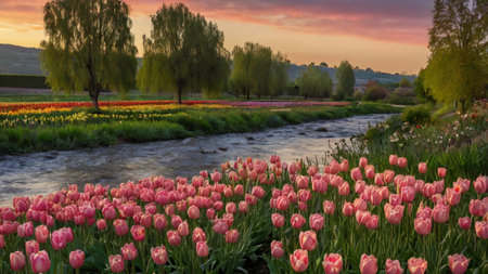Colorful tulip fields in the springtime. Colorful tulips blooming in the garden.の写真素材