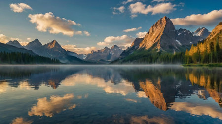 Beautiful mountain lake with reflection in the water at sunset, Canadaの写真素材