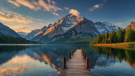 Mountain lake with wooden jetty at sunrise, Dolomites, Italy