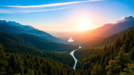 Panoramic view of the lake in the mountains at sunset.の写真素材