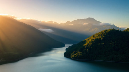 Mountain landscape with lake and fog at sunrise. Aerial view.の写真素材