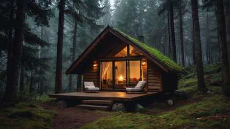 Beautiful wooden house in the forest in a foggy day.の写真素材