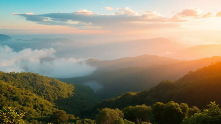 Sunrise in the mountains. Beautiful landscape with fog and sunrise.