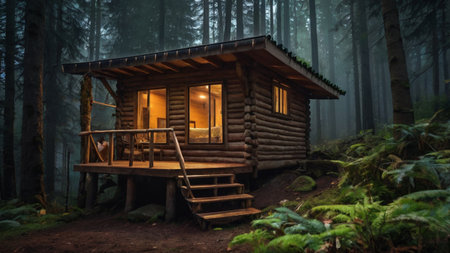 Wooden cottage in the forest at night with fog in the backgroundの写真素材
