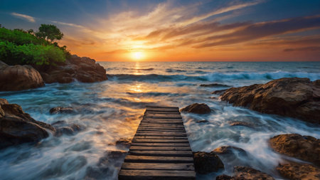 Wooden path leading to the sea at sunset time. Nature backgroundの写真素材