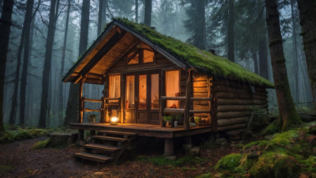 Old log cabin in the forest at night with a lighted candleの写真素材