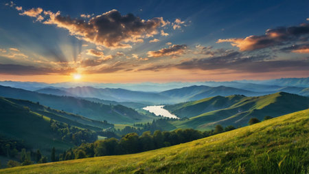 Beautiful summer landscape. Sunrise over the mountain ridge. Carpathian, Ukraine, Europe.の写真素材