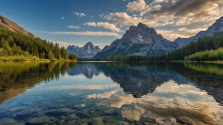 Mountain lake with reflection of the sky and clouds in the waterの写真素材