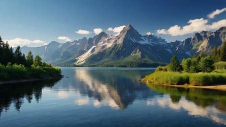 Mountain lake with reflection of the mountains in the water. Summer landscape.