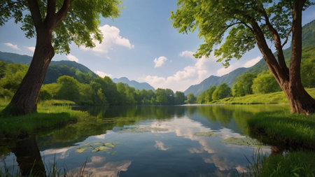Panoramic view of a lake with green trees in the backgroundの写真素材