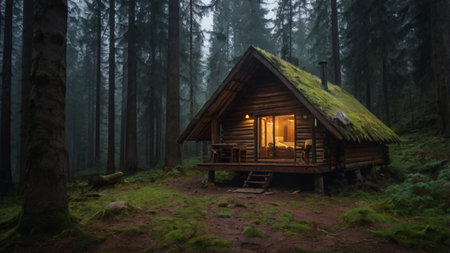 Wooden cottage in the forest in the fog. 3d rendering