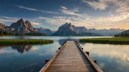 Wooden pier on the lake in the Dolomites, Italyの写真素材