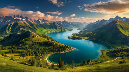 Panoramic view of the lake in the mountains. Summer landscapeの写真素材
