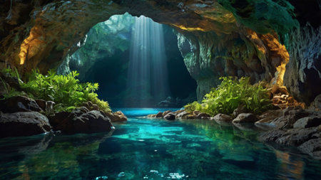 Cave with a beautiful light in the water. 3d rendering