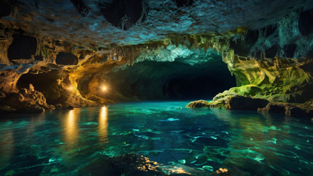 Cave with crystal clear water and blue sky.の写真素材
