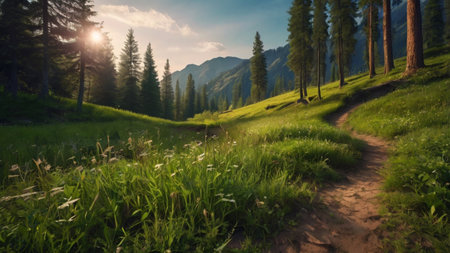 Beautiful summer landscape in the mountains. Landscape with a path through the forestの写真素材