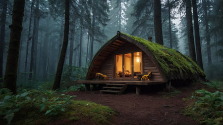 Wooden cottage in the forest at night with fog in the backgroundの写真素材
