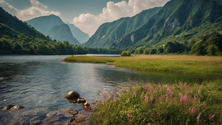 Landscape with river and mountains in the background. Caucasus, Russiaの写真素材