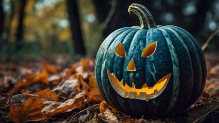 Halloween pumpkin in autumn forest. Jack o lantern in the forestの写真素材