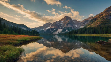 Mountain lake with reflection of mountains in the water at sunset.