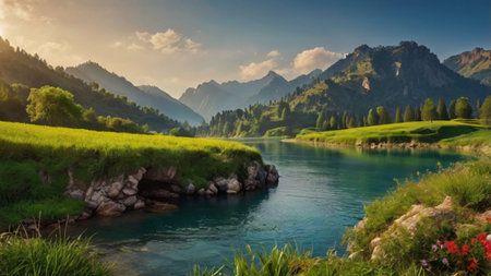 panoramic view of alpine lake and mountains at sunset, Switzerlandの写真素材