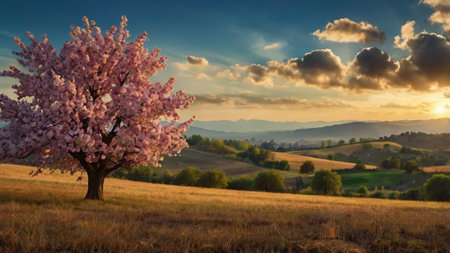 Beautiful spring landscape with blooming cherry tree in Tuscany, Italyの写真素材
