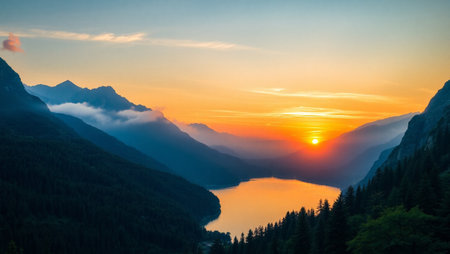 Sunset over the mountain lake in the Alps. Switzerland, Europe.の写真素材