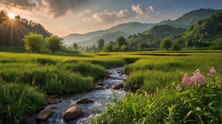 Rice field in the morning at Mae Hong Son province, Thailand.の写真素材