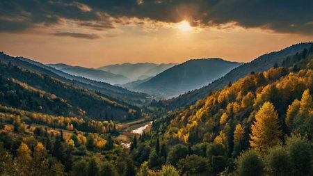 Panoramic view of autumn forest in the mountains at sunset.の写真素材