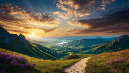 Beautiful sunset in the mountains. Panoramic summer landscape.の写真素材