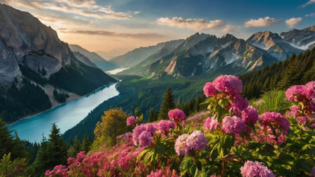 Beautiful panoramic view of a lake surrounded by mountains and lush greeneryの写真素材