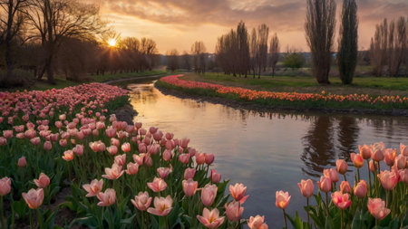 Colorful tulip flowers blooming in the garden at sunset.の写真素材