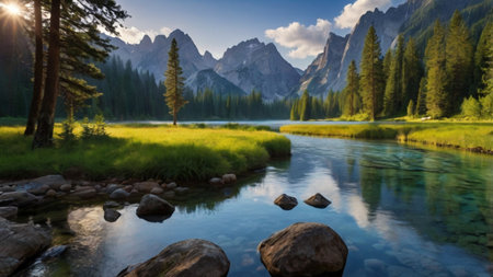 Mountain lake in the Dolomites at sunrise, Italy.の写真素材