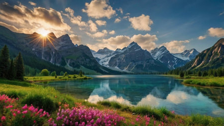 Panoramic view of the lake in the mountains at sunset.の写真素材
