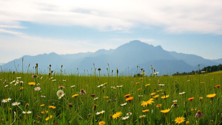 summer meadow with dandelions and mountains in the backgroundの写真素材