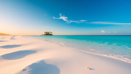 Beautiful white sand beach with palm tree at sunsetの写真素材