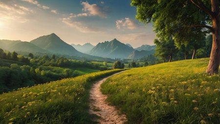 Beautiful summer landscape with meadow and mountains in the background.の写真素材