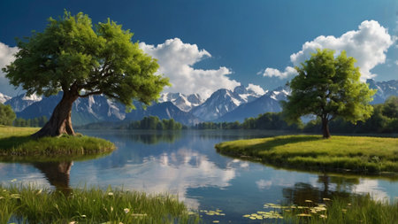 Beautiful landscape with lake, trees and mountains in the background.の写真素材