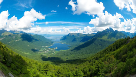 Mountain landscape with lake and blue sky. Panoramic view.の写真素材