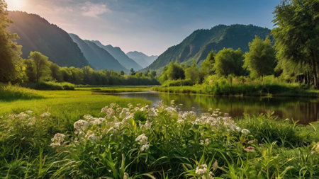 Beautiful summer landscape with a river and mountains in the background.の写真素材
