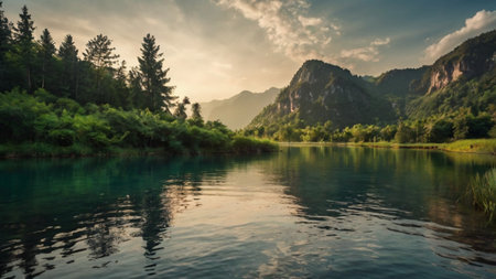 Beautiful lake in the mountains. Landscape with river and mountains.の写真素材