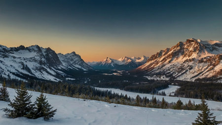 Sunset in Banff National Park, Alberta, Canada. Beautiful winter landscape.