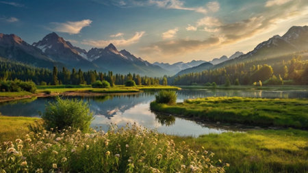 Panoramic view of alpine lake in Bavaria, Germanyの写真素材