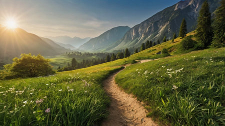 Hiking trail in the mountains. Beautiful summer landscape in the mountains.の写真素材