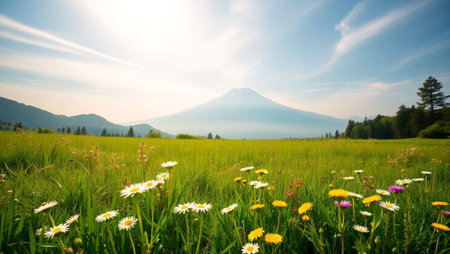Mt.Fuji and daisies in the meadowの写真素材