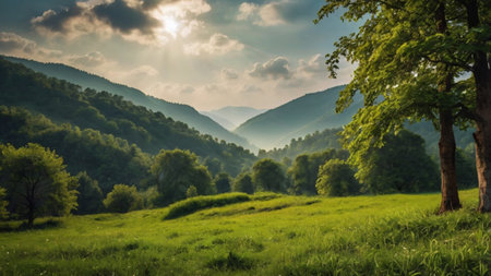 Meadow in the Carpathian mountains at sunset. Beautiful summer landscape.